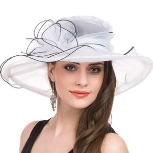 Elegant White Wide-Brim Organza Hat with Black Trim